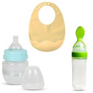 Radha Madhav Toys Feeding Spoon with Squeezy Food Grade Silicone Feeder Bottle, for Infant Baby, 150ml, & Silicone Baby Bib for Feeding & Weaning Babies & Toddlers (Multicolour)
