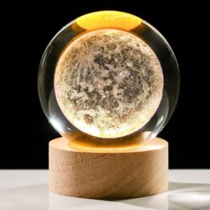 RM Toys 3D Crystal Moon Lamp with USB LED Light & Wooden Base – Warm White Crystal Cube Night Light for Bedroom, Home Décor, Office & Gift – Table Lamp for Kids & Adults