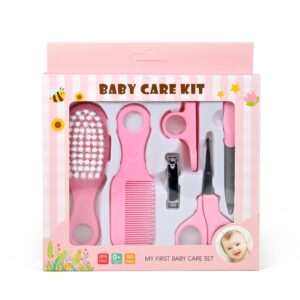 Baby Grooming Kit, 5-Piece Essential Care Set with Brush, Comb, Nail Clipper and Scissors, Pink