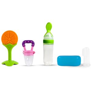 RM Toys Combo of 4 Baby Grooming Kit 1 Silicone Teether, 1 Baby Feeding Bottle Food Dispensing Spoon, 1 Nibbler & 1 Manual Finger Brush