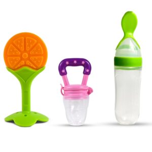 Kids Silicone Feeding Set – Includes Fruit Nibbler, Soft Teether & Squeeze Spoon Feeder – BPA-Free, Safe & Easy for Infants & Toddlers – Self Feeding Training Kit for 6+ Months (Pack of 3)