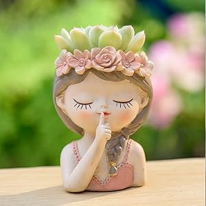 Radha Madhav Toys Girls Flowerpot Green Head Planter Pot Resin Cute Girl Statue Planter Decorative Cactus Plant Container for Tabletop Garden Home Office Decor Item (Hight Approx. 10 cm)