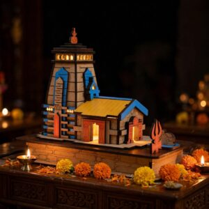Handcrafted Wooden Temple Model with LED Light – Decorative Mandir Showpiece for Home & Office