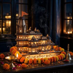 Ayodhya Ram MandWooden LED Decorative Showpiece | Handmade Temple Model with Light | Spiritual Home Décor & Gift Item